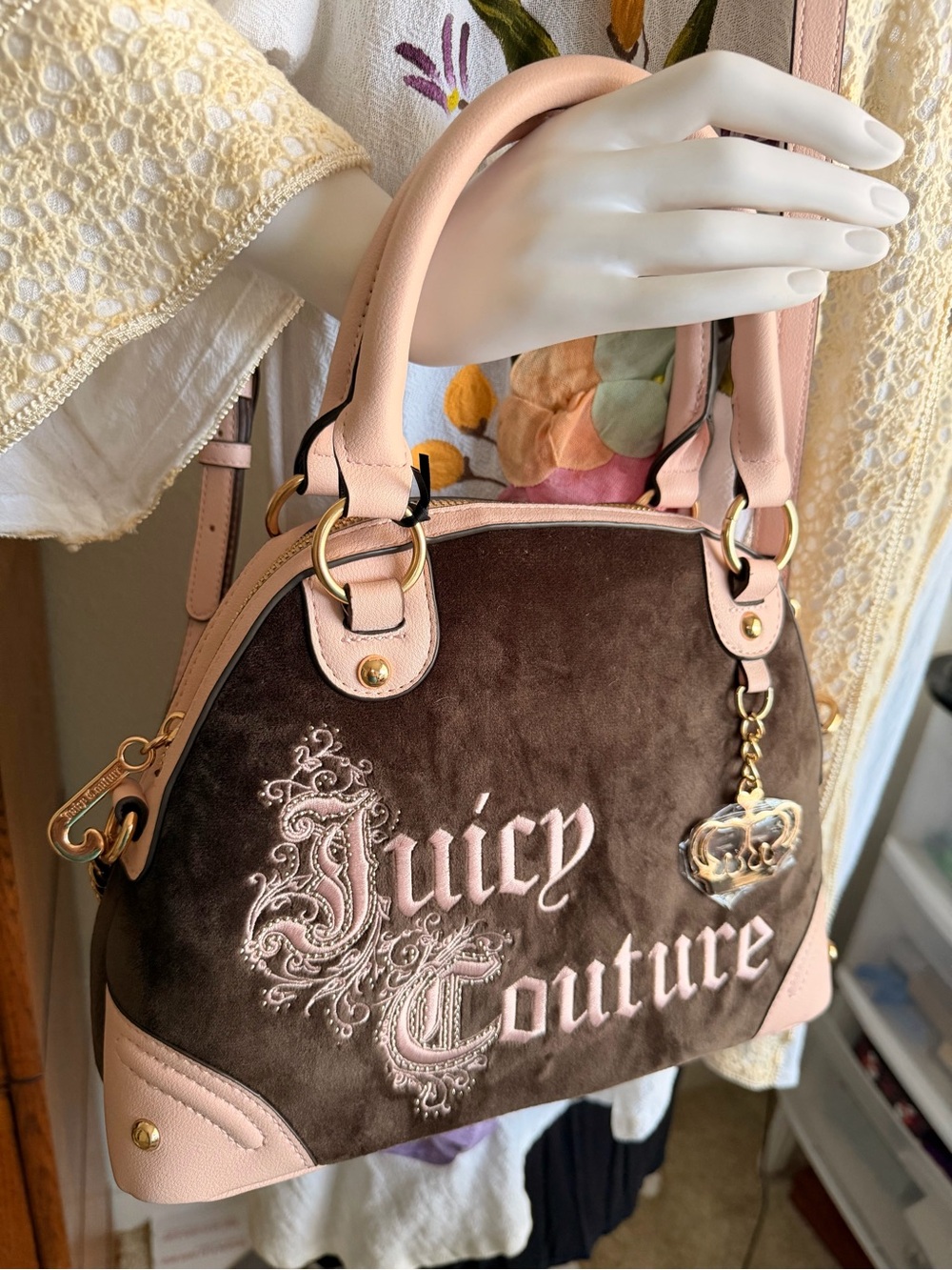 Juicy Couture Pink and Brown Logo Dome Satchel with Crown Charm NWT Free Make up